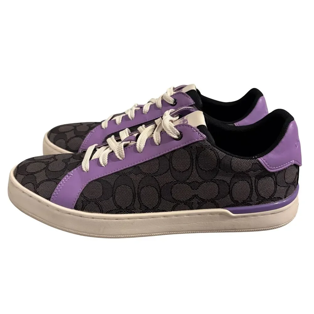Coach Clip Sneakers Mens 10D Purple Black Jacquard Leather Monogram Low Top